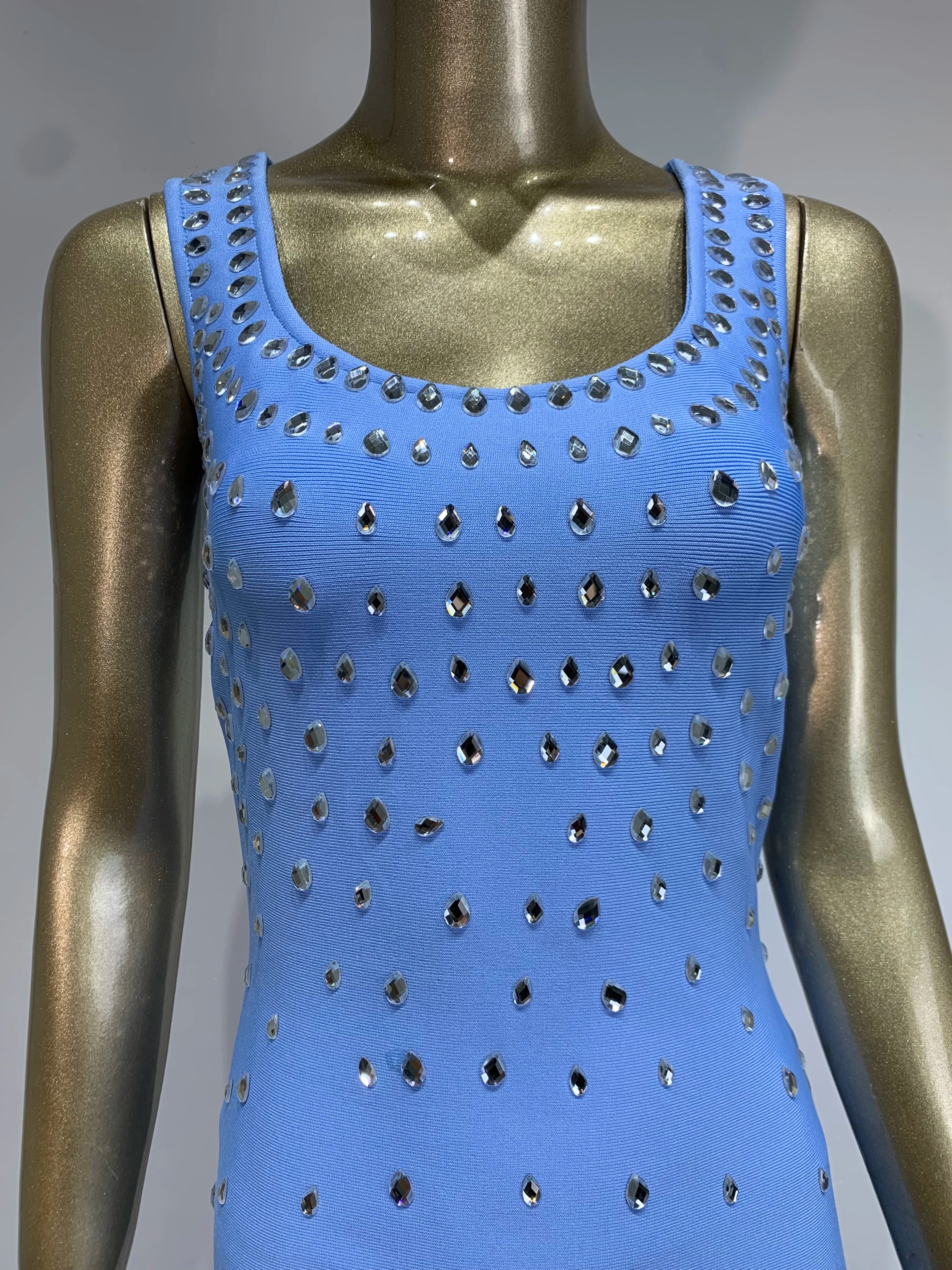 Women Celebrity Sexy Tank Studded Sky Blue Black Maxi Long Bodycon Bandage Dress 2024 Elegant Evening Club Party Outfit