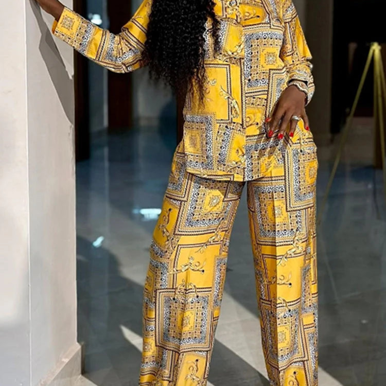 Plus Size VONDA Women Elegant Pant Sets 2025 Long Sleeve Printed Tops and Long Trousers Casual Streetwear Matching Sets