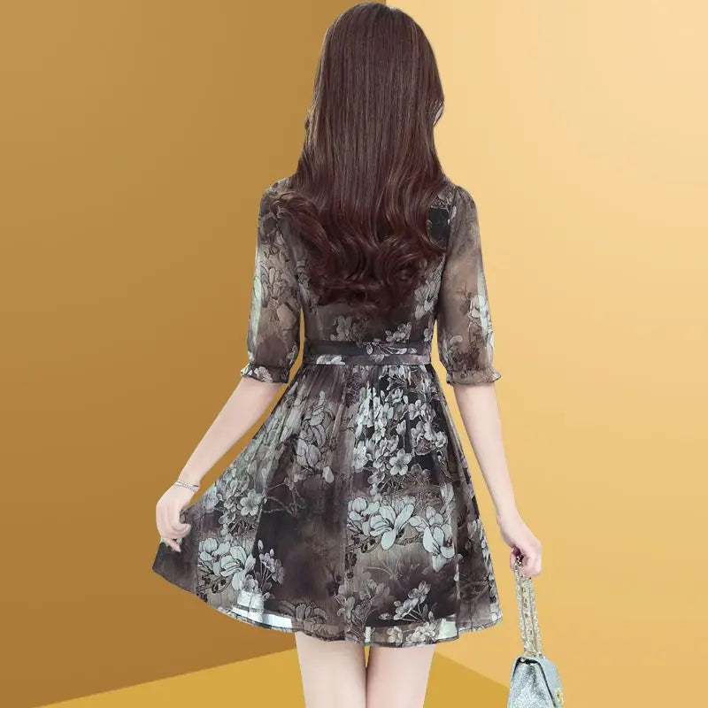 Elegant Printing Spliced Folds Chiffon Floral Dress Women Clothing 2024 Summer Loose Office Lady Butterfly Sleeve Mini Dress