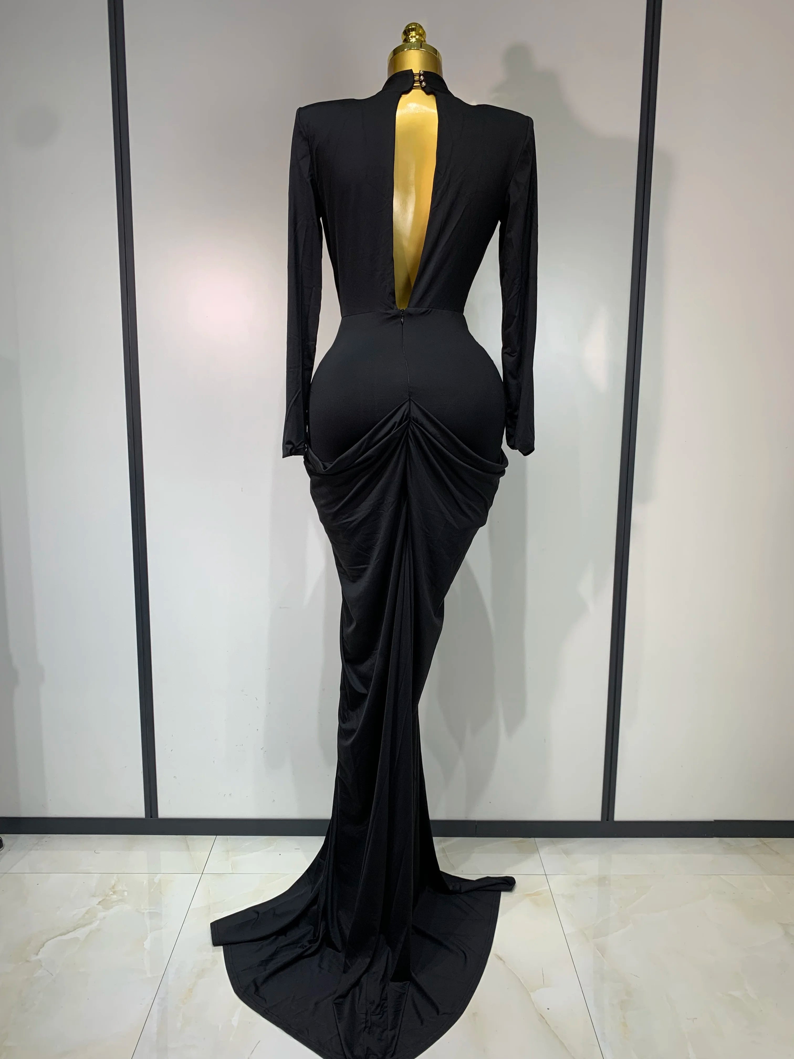 Women Sexy Deep V-Neck Bead Long Sleeved Bodycon Prom Gowns Elegant Celebrity Evening Maxi Dress Luxury Birthday Dress Wedding