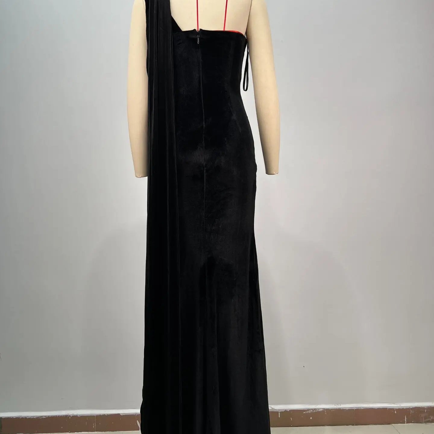 Luxury Diammonds High Slit One Shoulder Long Ribbon Velvet Strapless Floor Length Dress Celebrity Party Dress Birthday Vestido