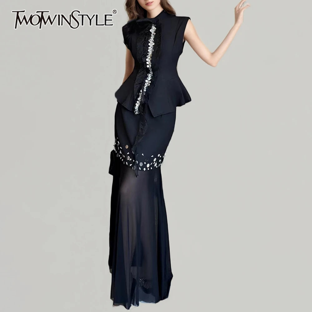 TWOTWINSTYLE Solid Two Piece Sets for Women Round Neck Sleeveless Patchwork Sequin Vest High Waist Sheer Skirt Set Female New