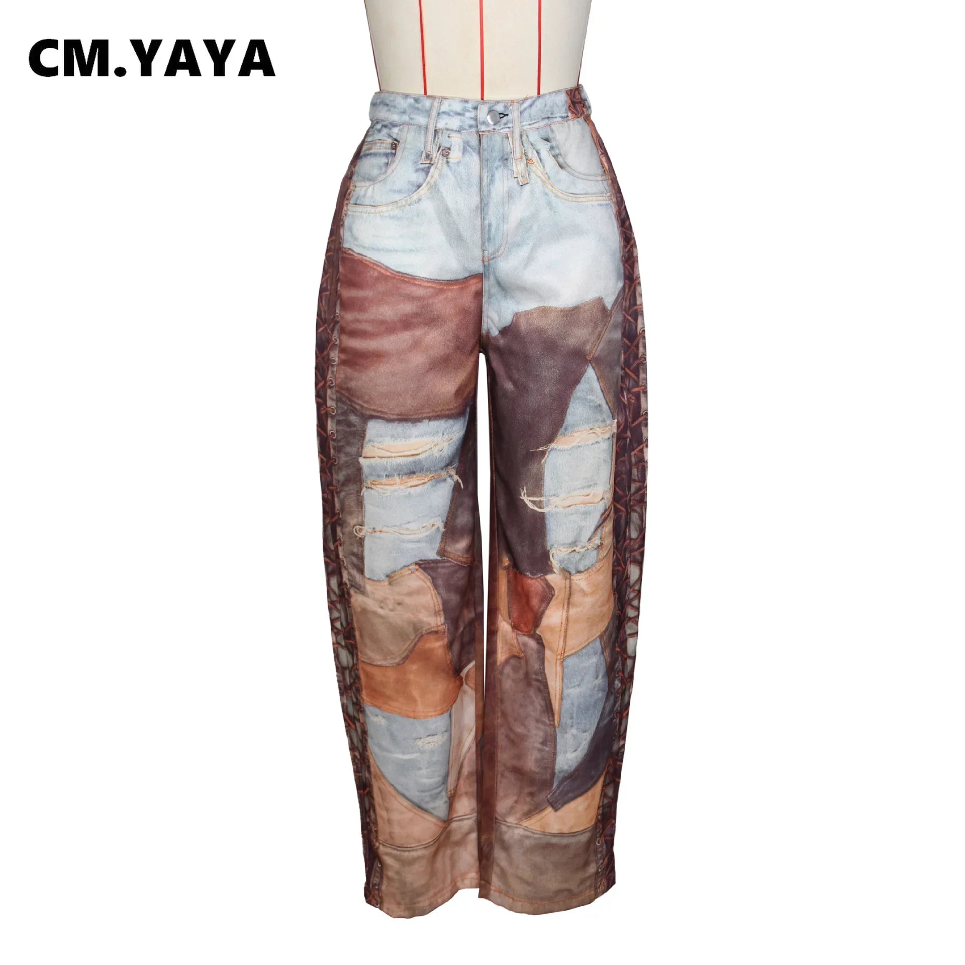 CM.YAYA Fashion Women Fake Denim 3D Print Loose Wide Leg Jogger Pants 2025 Streetwear Casual Active Hip Hop Sweatpants Trousers
