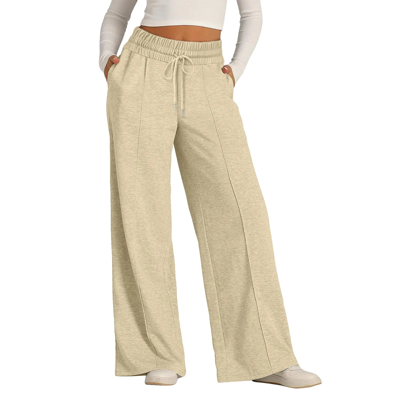 Women Oversized Wide Leg Pants Lightweight Sweatpants Elastic Drawstring Straight Leg Trousers High Waist Baggy Casual Pants Khaki CN