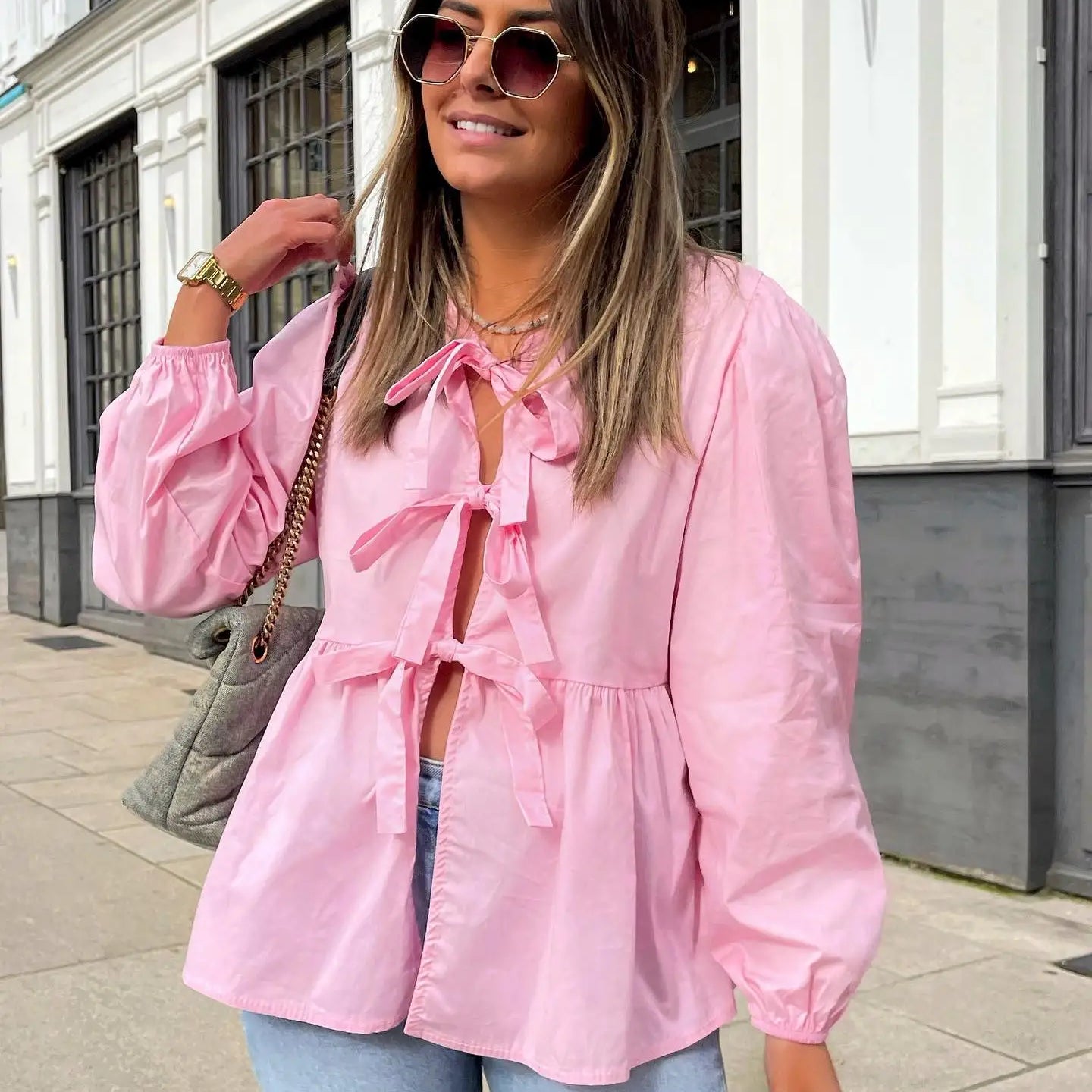Bow Tied Lace Up Shirt Women Pleats Office Puff Sleeve Female Chic Slim Solid Tops Summer Sweet Lady V Neck Tops long sleeve pink