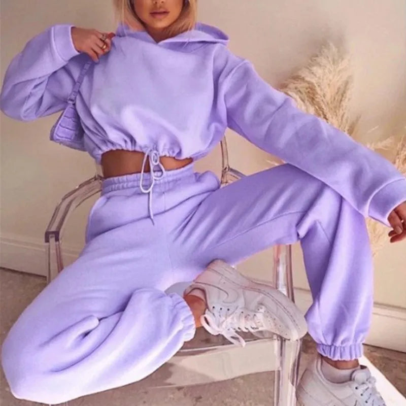 Winter Two Piece Sets Women Tracksuit Oversized Suit Autumn Trouser Suits Female Sweatshirt Solid Sports Hoodie Sportswear Purple