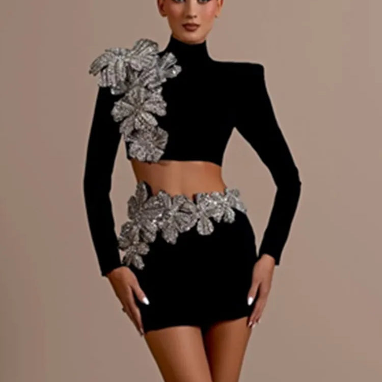 Women Sexy Long Sleeve Flower Diamonds Black Mini Two Pieces Skirt Bandage Set 2025 Celebrity Designer Fashion Women's Set