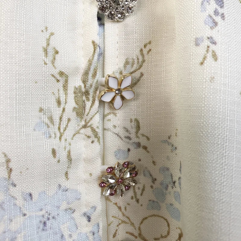 Shot In Stock 2025 Spring Summer Printed Single-Breasted Exquisite Flower Button Short A-Line Dress + Belt