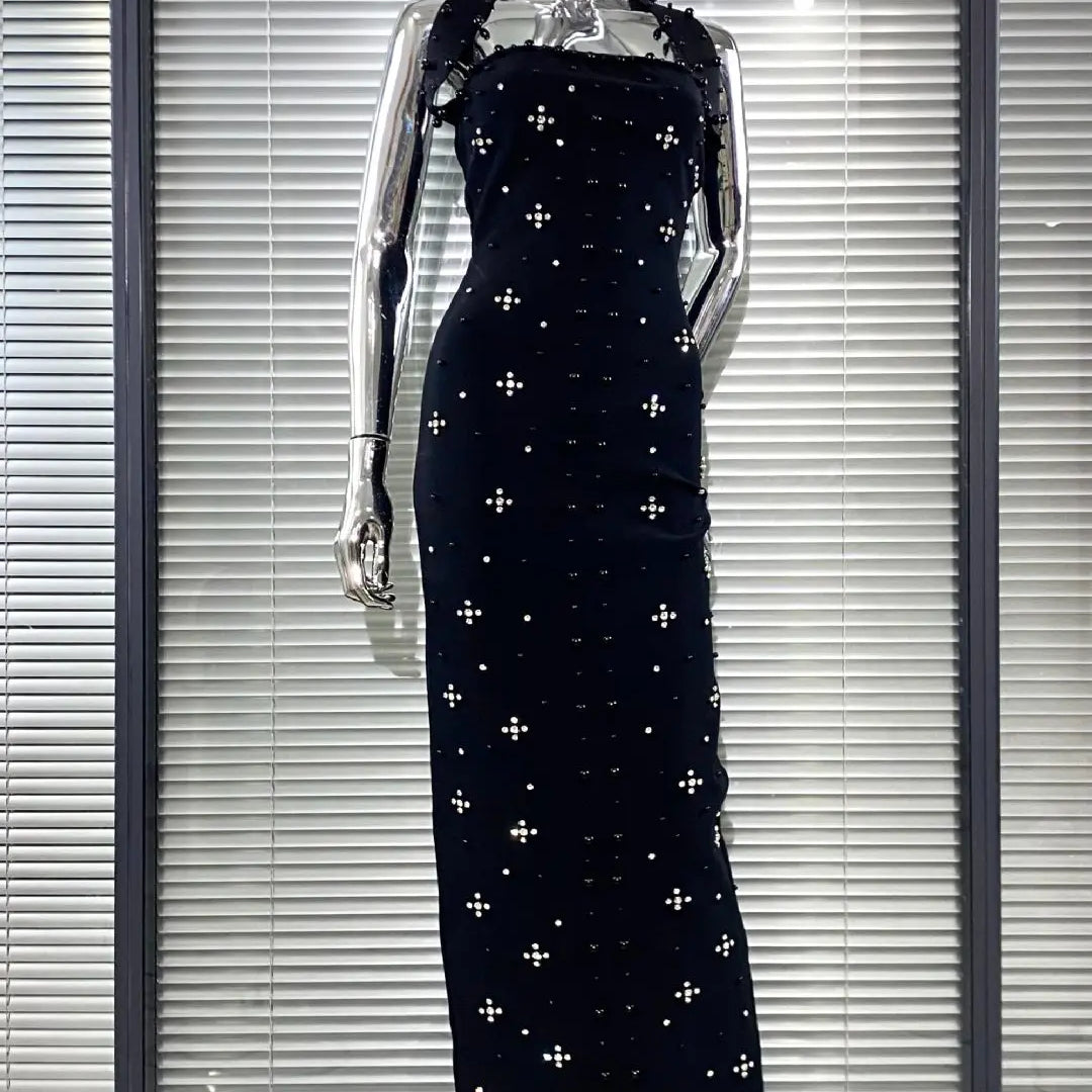 High Quality Women Sexy Halter Off the Shoulder Beading Rhinestones Bodycon Long Bandage Dress Evening Party Cocktail Vestido