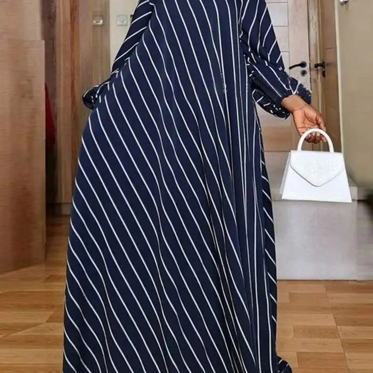 Plus Size 5XL Elegant Striped Maxi Dress Women High Neck Elegant Long Sundress Long Puff Sleeve Printed Vestidos Dark Blue
