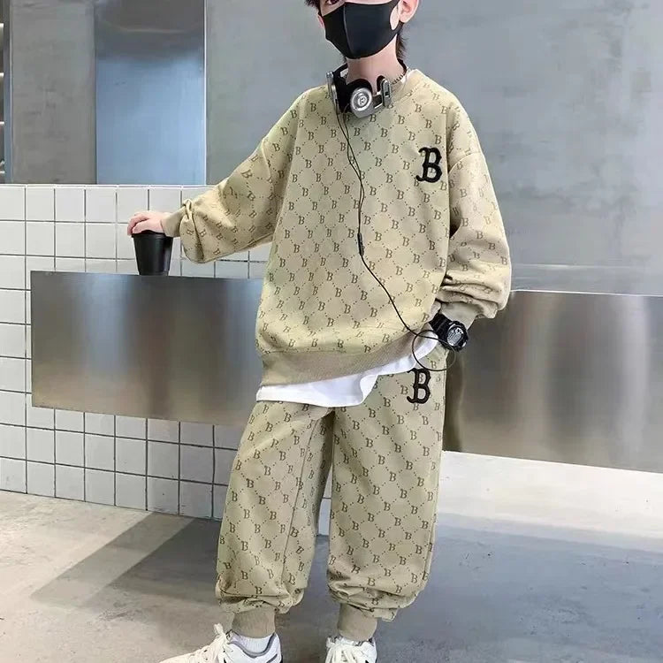 Children Loungewear Suits for Boys Round Neck Sweater and Pants 2Pcs Outfit Sets Junior Kids Letter Sports Clothes Tracksuit khaki