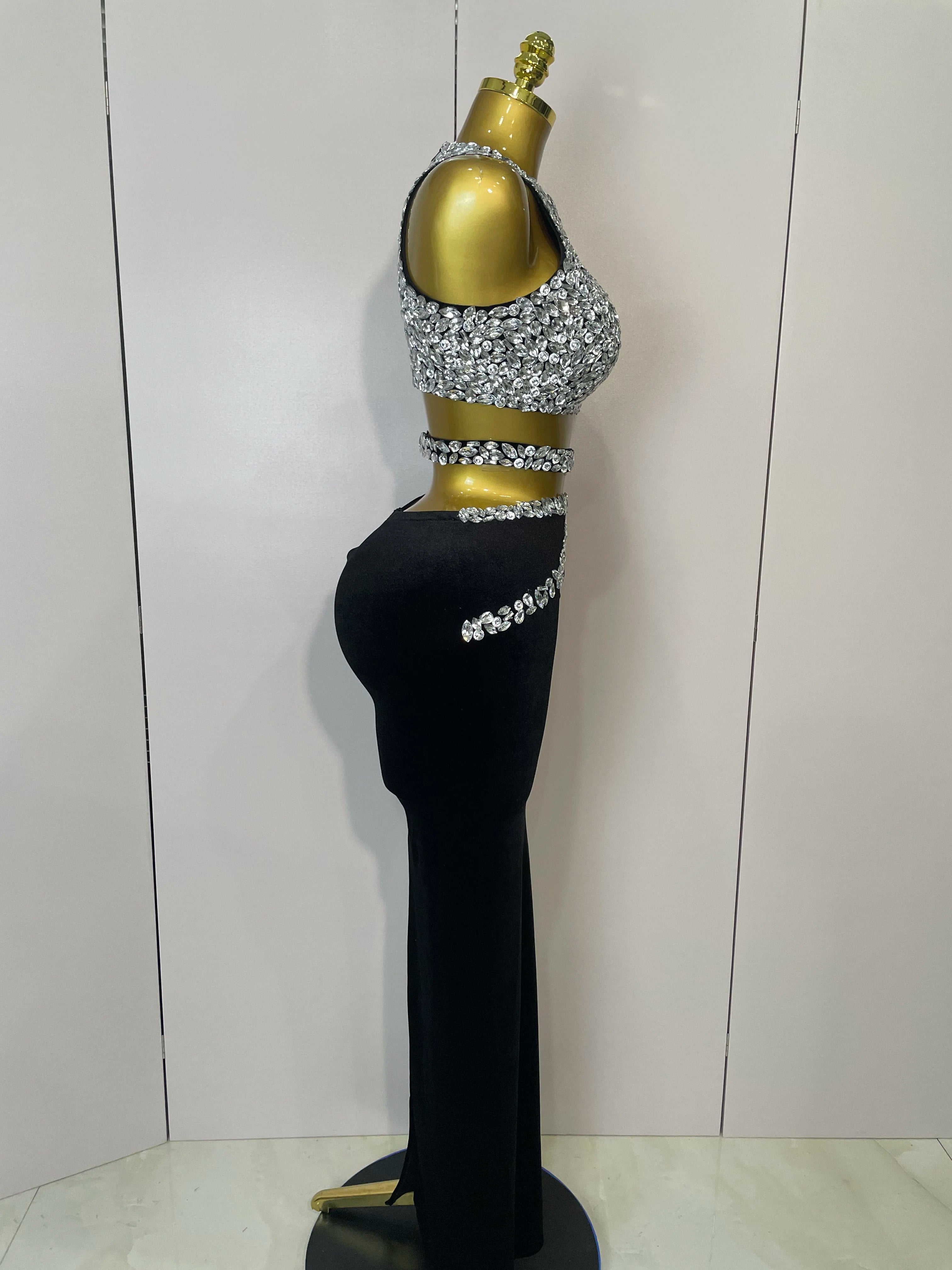 ESTOQUE 2025 Conjunto de duas peças feminino com strass brilhantes, veludo sexy, cantora, boate, comemoração de aniversário, vestidos elegantes para festa