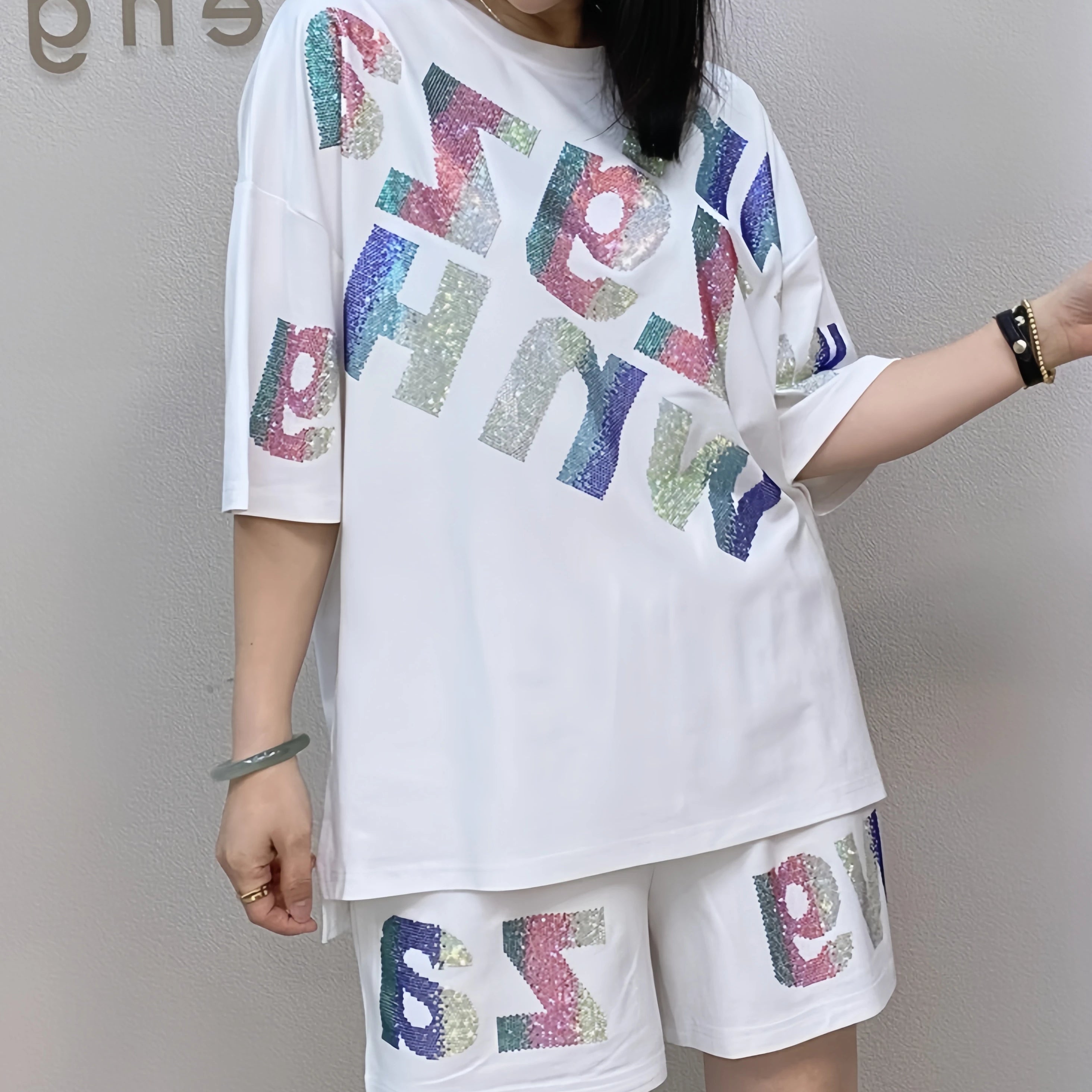 Oversized summer short-sleeved T-shirt and shorts casual set, Rhinestone wide-leg pants two-piece women's set