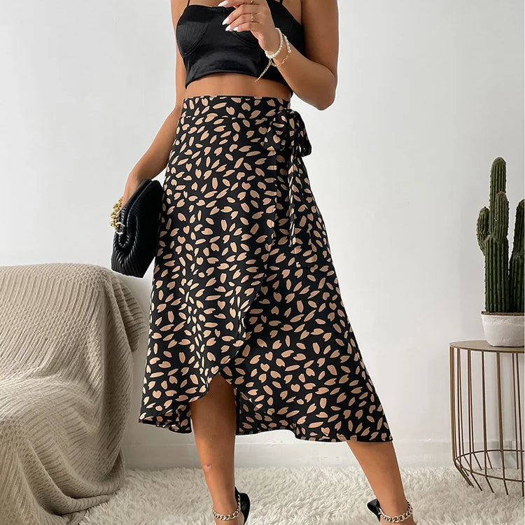 Benuynffy Boho Women Casual Print Tie Side Wrap Skirt Elegant High Waist Female Summer Asymmetrical Knee Length A-Line Skirts Black