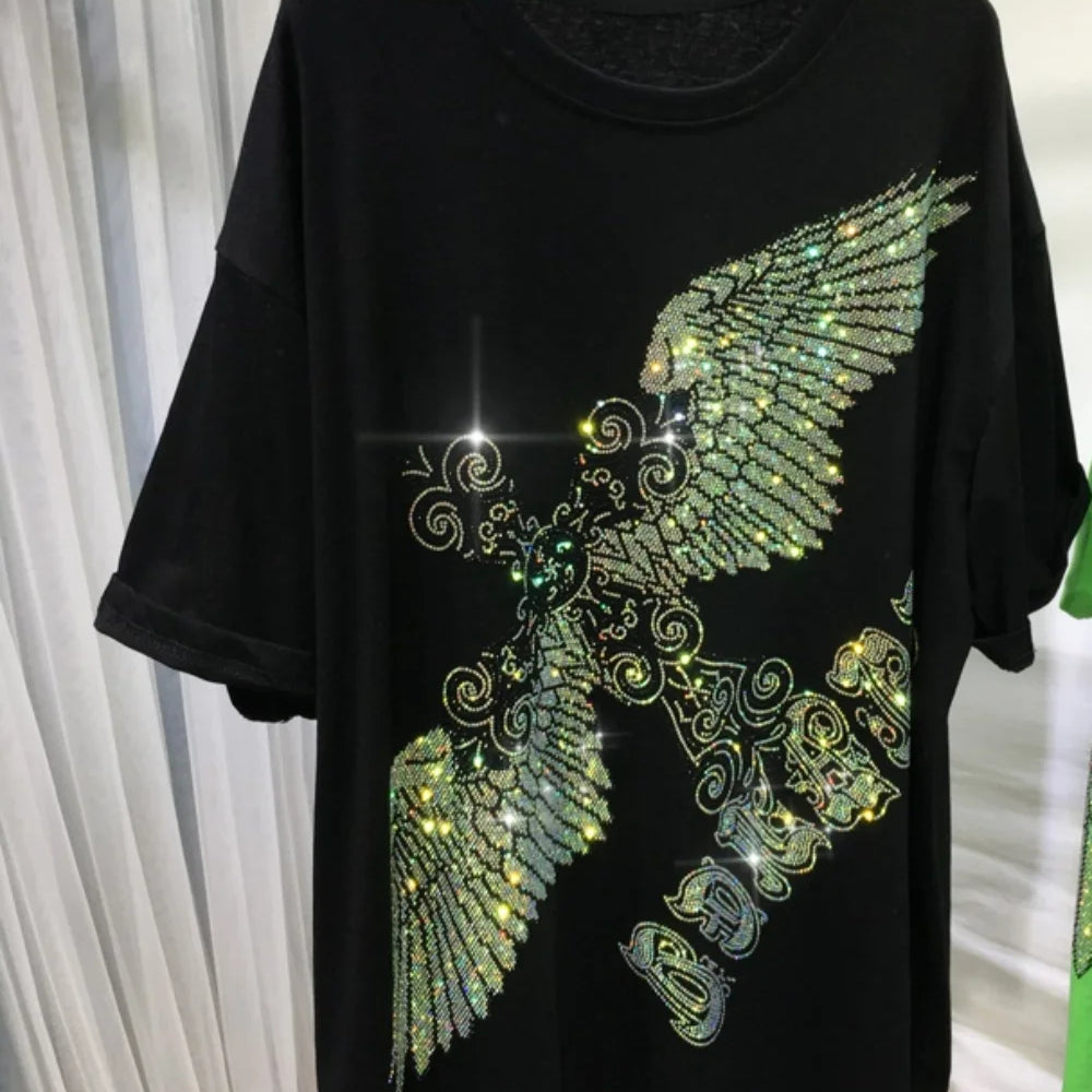 Rhinestone Eagle Luxury Big Size T Shirt Cotton 150KG Plus Size Women Men Brand T-shirt Summer Loose Fit Black Women's Clothing black