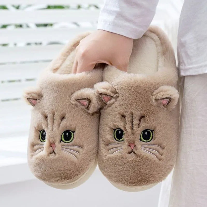 Lovely Cute Cat Slippers Fluffy Furry Women Home Platform Slippers Men Winter Plush Slides Indoor Fuzzy Slippers Cotton Shoes StyleA-Brown