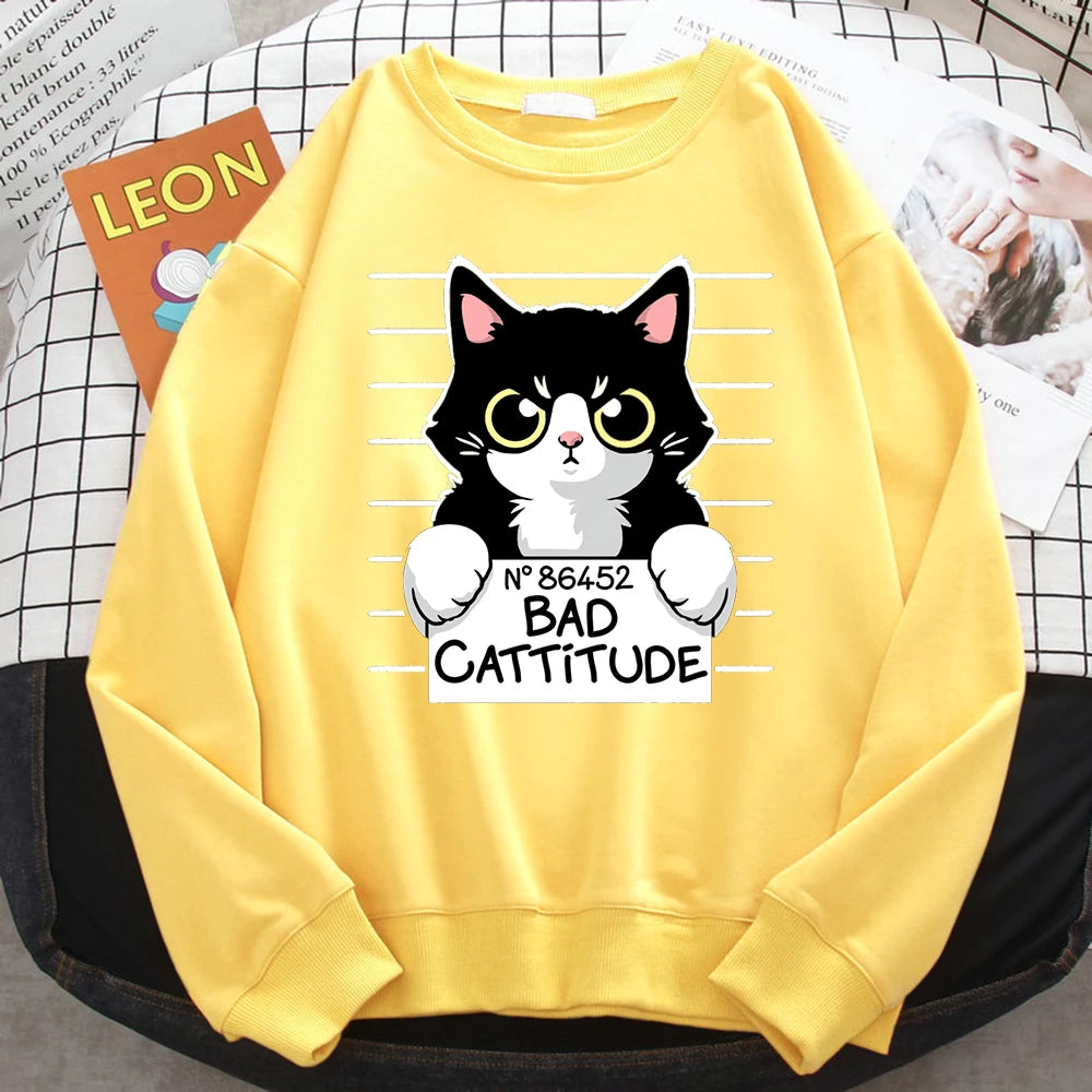 Autumn Winter Womens Pullover No86452 Bad Cattitude Funny Cat Print Hoodie Fleece All-Math Sweatshirts Warm Crewneck Ladies Tops Yellow