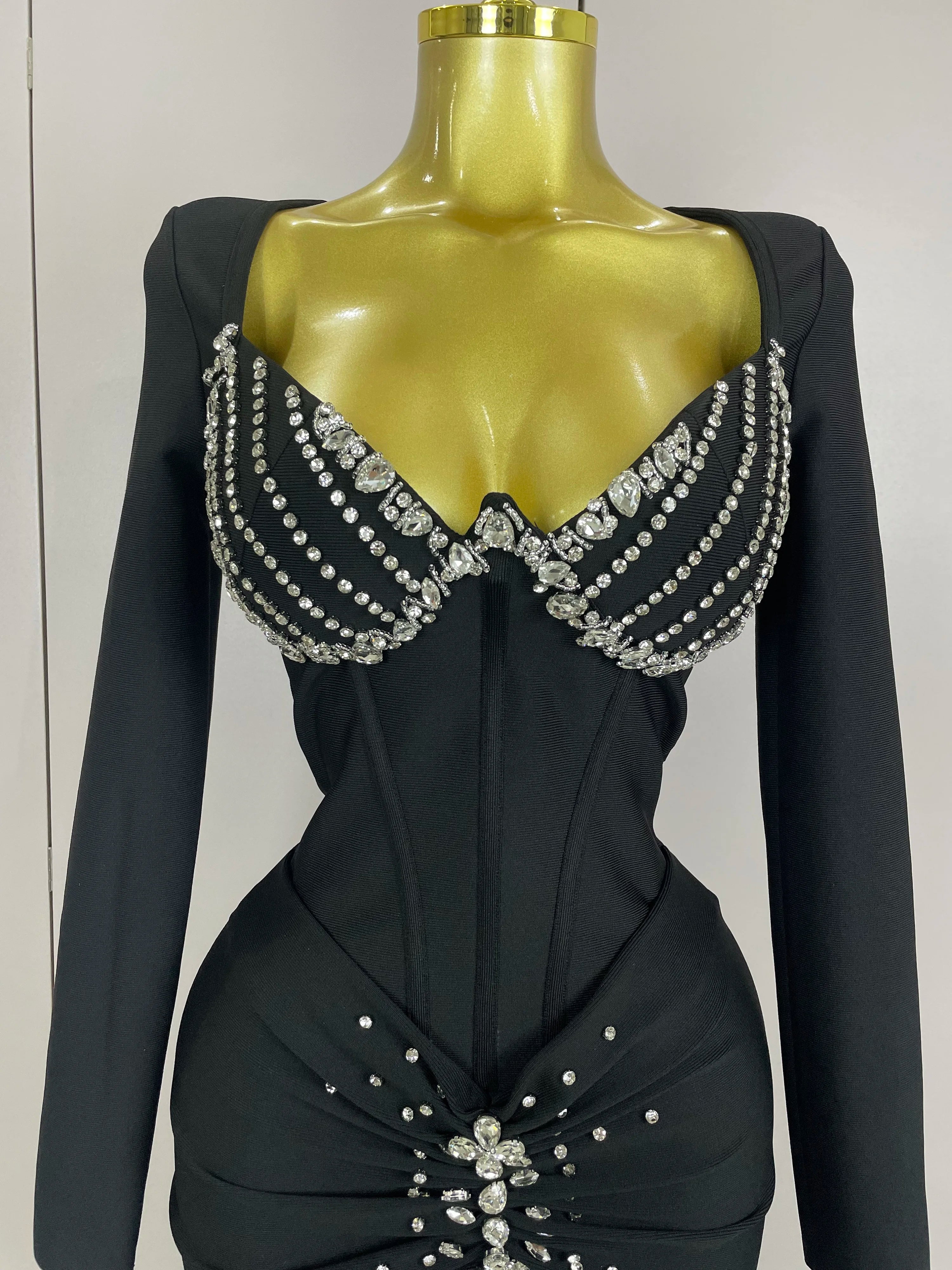 Sexy Luxury Sparkly Beading Bandage Long Sleeve Bodycon Dress   2025 New Women Celebrity Party Elegant Evening Club Pary Dresses