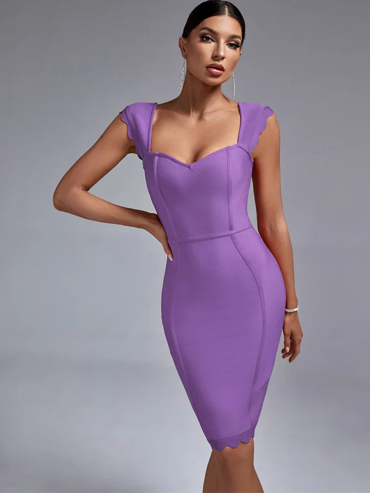 Lilac Purple Bandage Dress Women Party Dress Bodycon Elegant Scalloped Sexy Birthday Evening Outfits Summer New Arrival