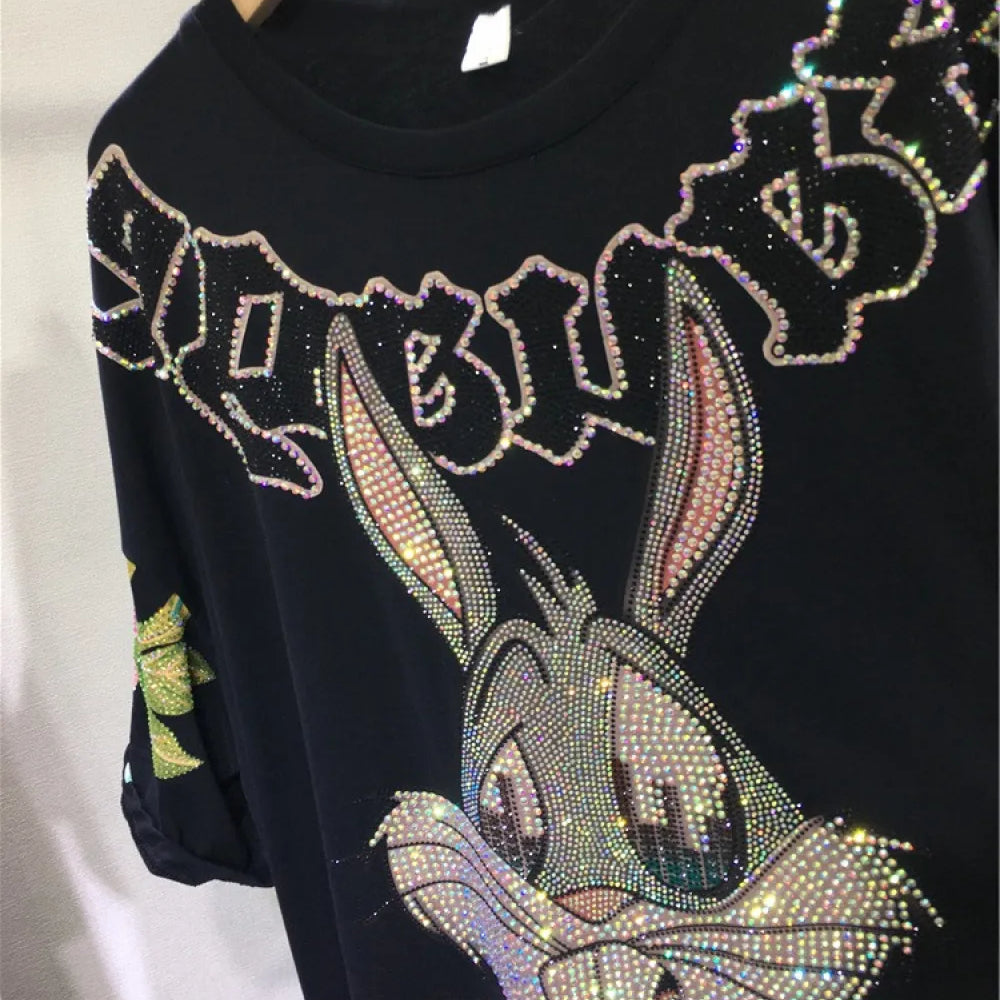 XL-4XL Plus Size Women Clothing Rhinestone Rabbit Cool Women's T-shirt Large Size Gothic Big Size Short Sleeve Tunic Tops 150KG