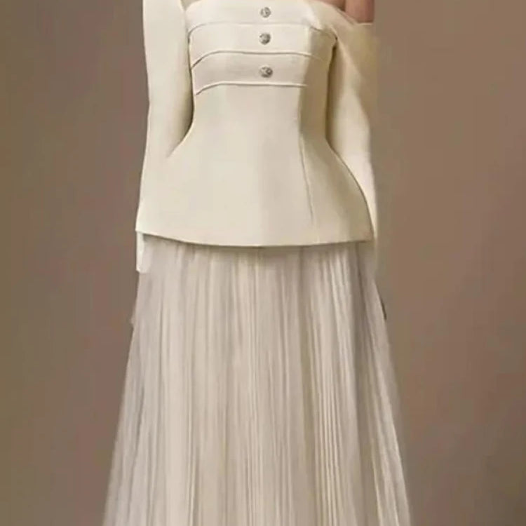 TWOTWINSTYLE Solid Two Piece Set For Women Diagonal Collar Long Sleeve Tunic Top High Waist Pleated Skirt Elegant Sets Female