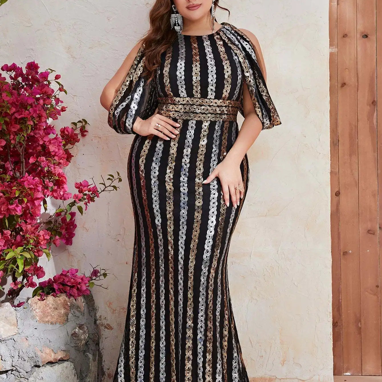 Woman Clothing Fashion Evening Dresses Female Sequin Draped Sleeve Birthday Wedding Party Dresses Women Long Elegant Dress Black