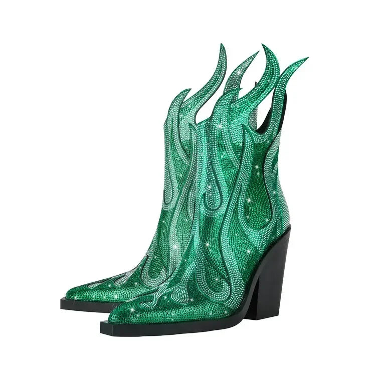 New Women's Rhinestone Flame Ankle Boots Fashion Square Head High Heels Western Boots Party Dress 43 Large Short Boots M6107-Green