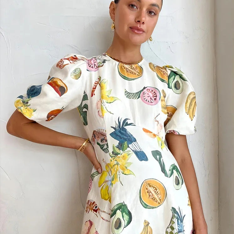 Holiday Beach Style Fruit Maxi Dresses NEW Summer Trendy and Unique Graffiti Print Bodycon Versatile Dress for Women