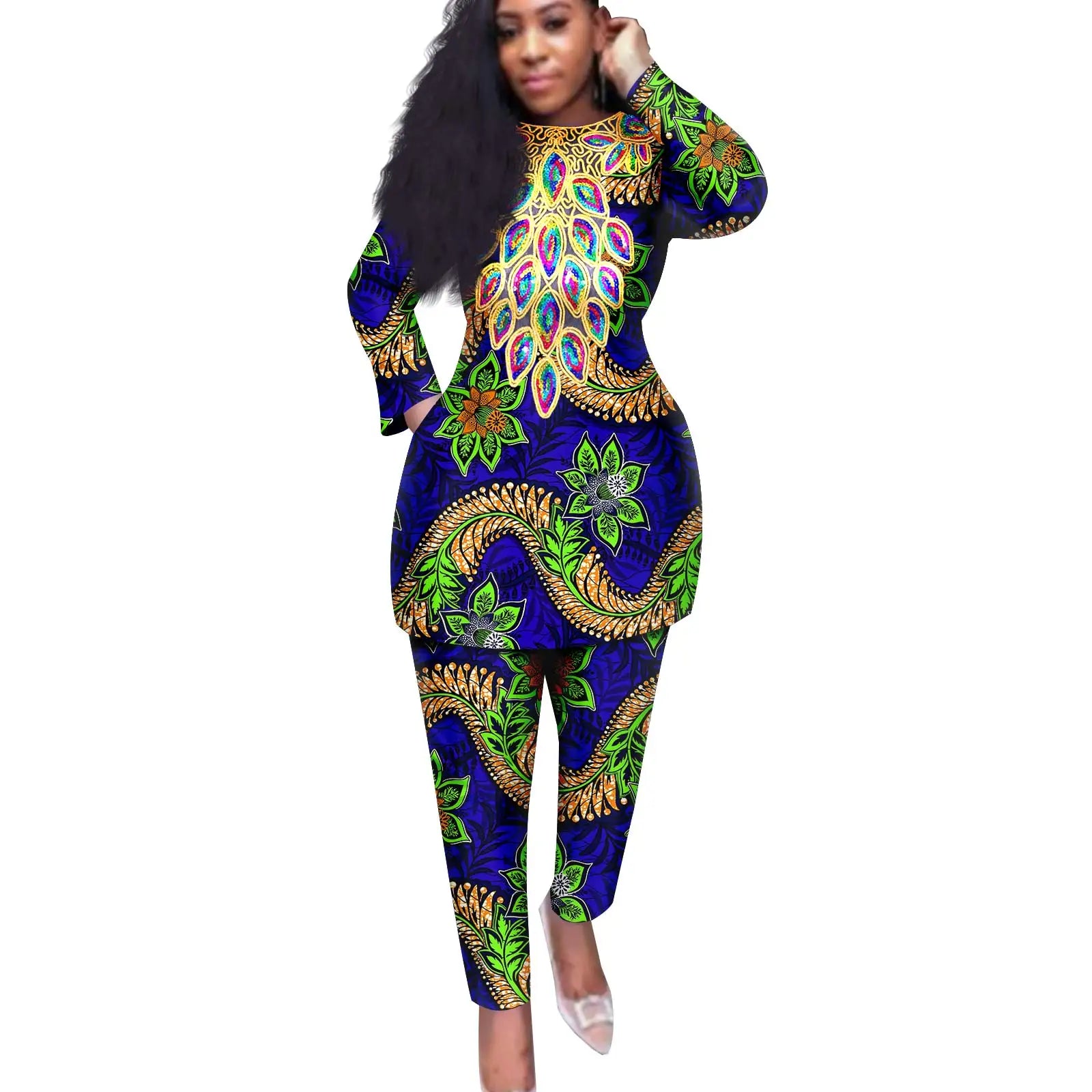 African American Women's Printed Fabric Top with Pants, Dazzling Stamping Set, Long Sleeve, Plus Size, Fashion, A2226026