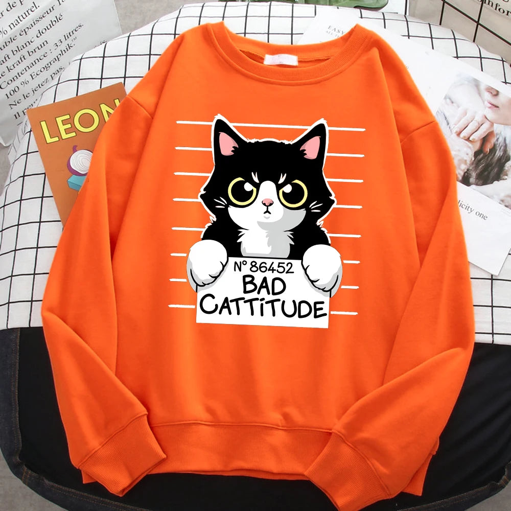 Autumn Winter Womens Pullover No86452 Bad Cattitude Funny Cat Print Hoodie Fleece All-Math Sweatshirts Warm Crewneck Ladies Tops Orange