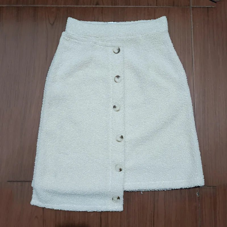 Cute Teddy Bear Fleece A-Line Skirts Women Autumn Single-breasted Irregular Short Dress Winter Solid Cashmere Warm Female Skirts
