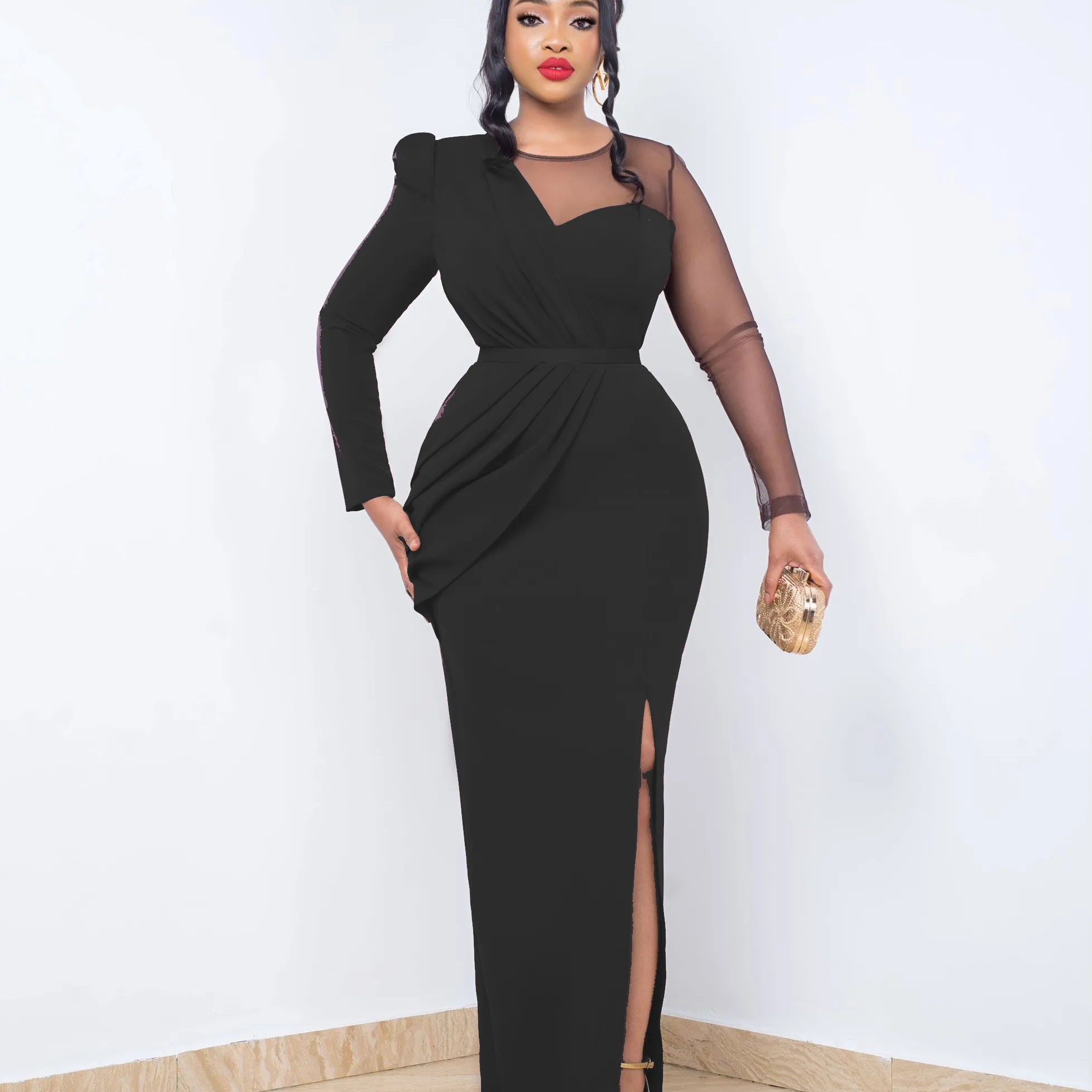 Spring Sexy Elegant Mesh Party Dress Women Fashion OL Slim Mesh Long Sleeve Splice Long Wedding Evening Dress Women black