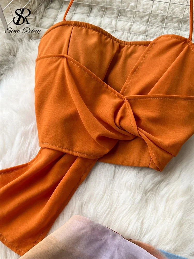 SINGREINY High Quality Holiday Suits Strapless Halter Strapless Top+Zipper Tie Dye Skirt Female Fashion Sexy Two Pieces Suit