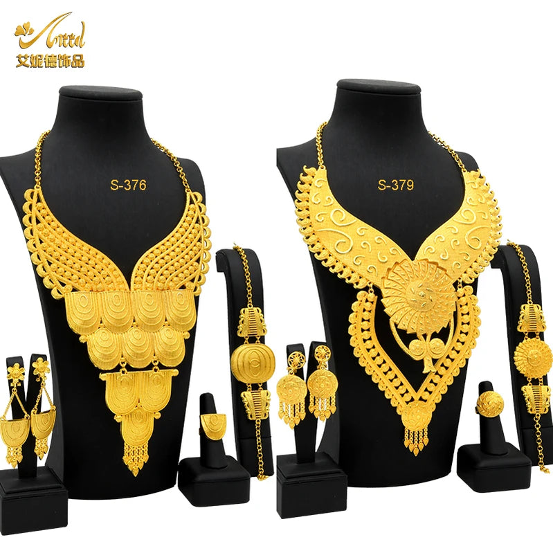 Indian Big Plated Gold Jewelry Women Necklace Sets Dubai African Party Bridal Wedding Gifts Arabic Necklace Jewelry Sets Mix S-376-379