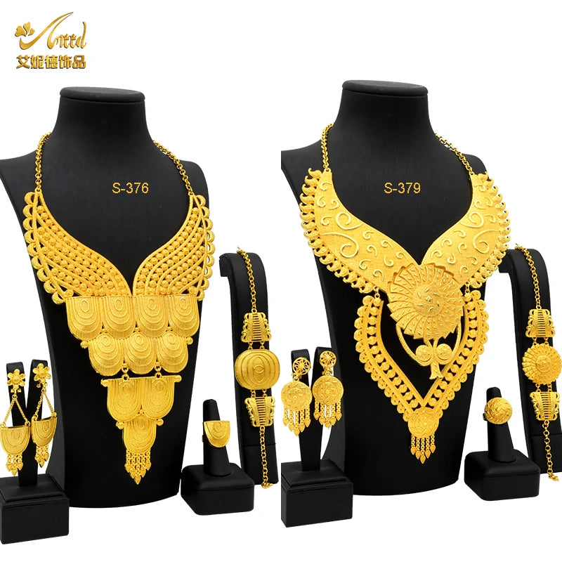 Indian Big Plated Gold Jewelry Women Necklace Sets Dubai African Party Bridal Wedding Gifts Arabic Necklace Jewelry Sets Mix S-376-379