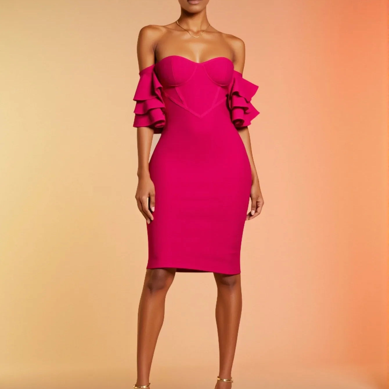 Rosered Color Women Sexy Strapless Ruffles Bodycon Mini Bandage Dress Celebrate Nightclub Party Birthday Vacation Outfit