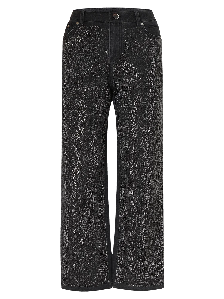 Fashion Trendy Diamond Design Loose Black Relaxation of Tall Waist Wide Legged Pants Autumn/Winter Women's Jeans