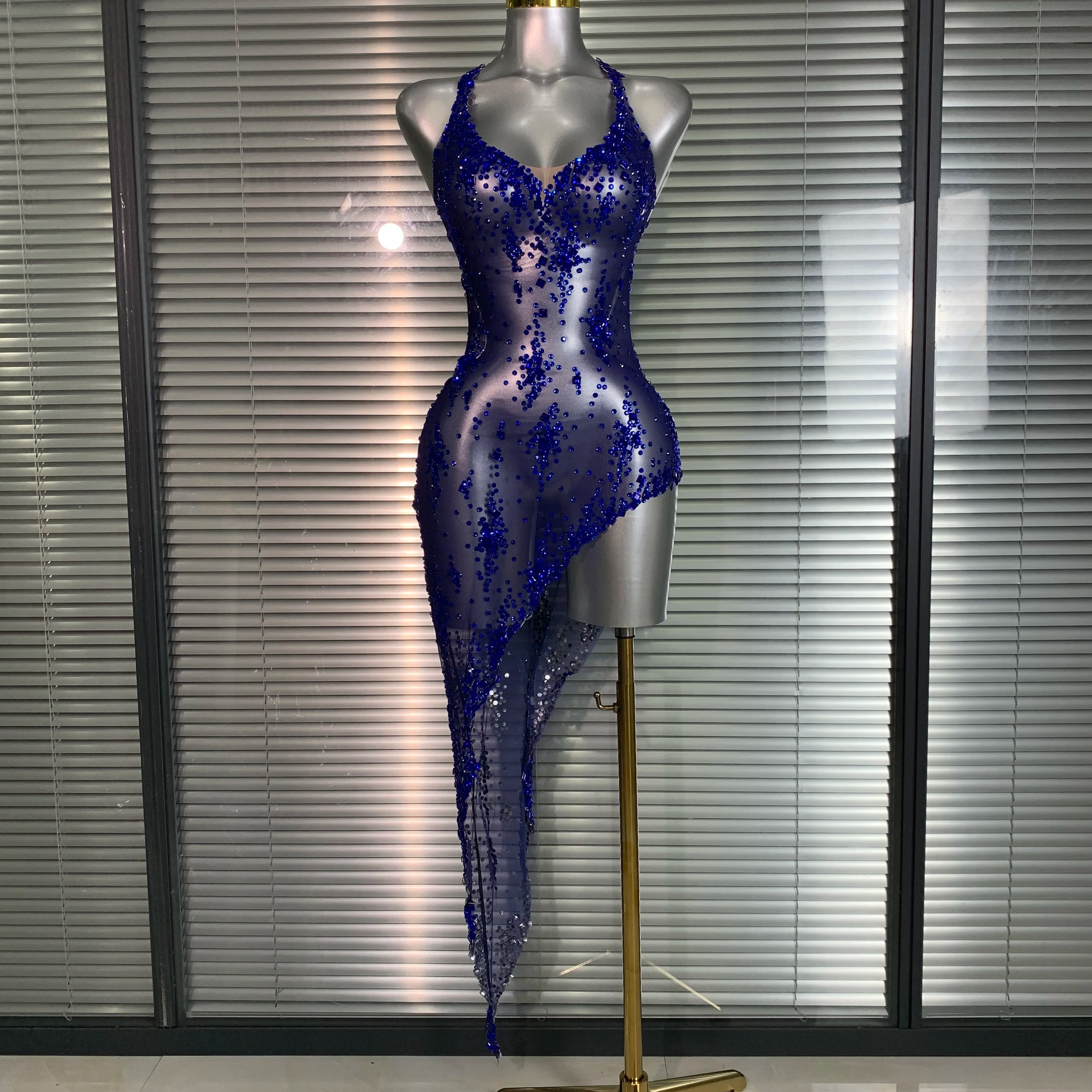 Summer 2025 Women Sexy Mesh Crystal Diamonds Blue Performance Costume Stage Dancer See Through Stretchy Night Club Party Dress