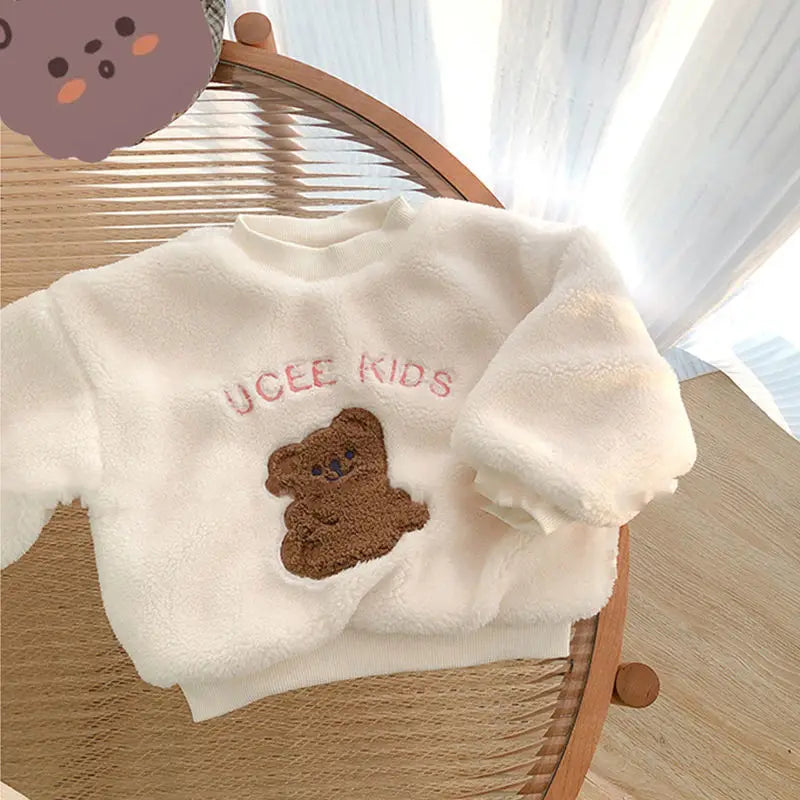 Winter Plush Children's Sets 2024 Cute Lamb Hair Little Bear Baby Clothes Set Thickened Kids Top Pant 2Pcs Set for Boys Girls
