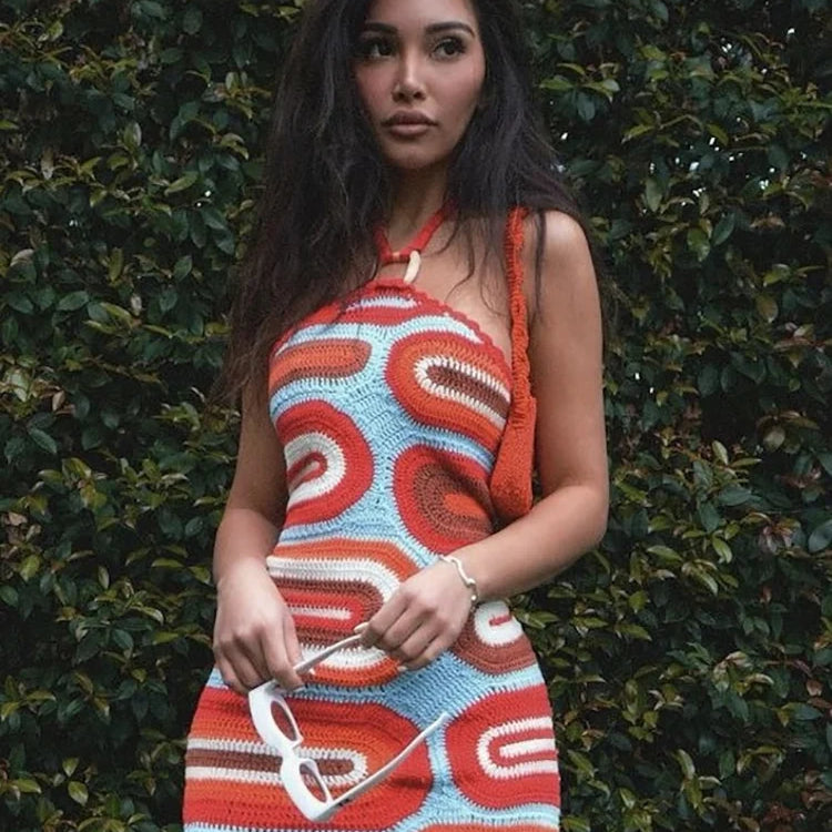 Weird Puss Fake Knit Print Dress Women Summer Fashion Backless Colorful Halter Mini Bodycon Skinny Stretch Streetwear Clothes