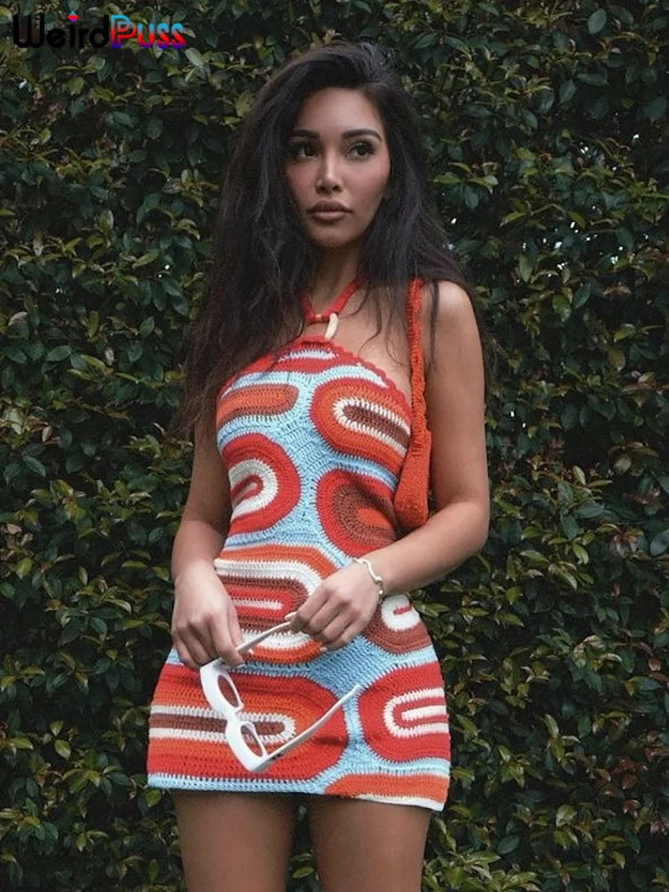 Weird Puss Fake Knit Print Dress Women Summer Fashion Backless Colorful Halter Mini Bodycon Skinny Stretch Streetwear Clothes
