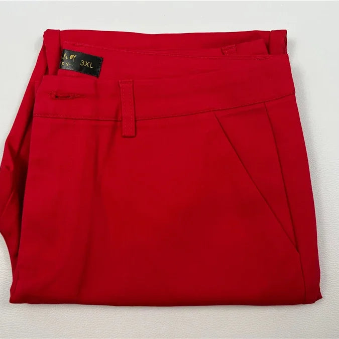 S-4xl Big Size Office Pencil Pants Womens Formal New Elegant OL Work Pantalones Elastic Cotton Slim Ankle-length Trousers red
