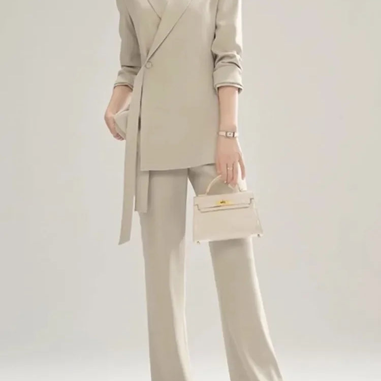 Office Lady Solid Women Suits 2 Pieces Chic Long Sleeve Blazer High Waist Straight Pants Vintage Sets Female Fashion Clothes