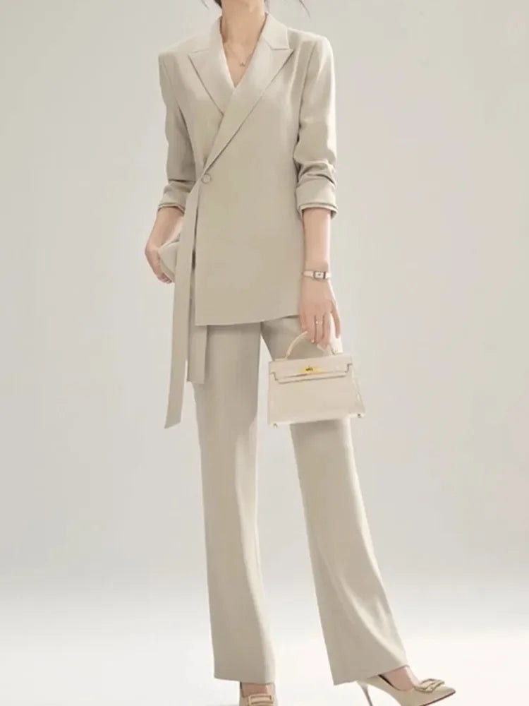 Office Lady Solid Women Suits 2 Pieces Chic Long Sleeve Blazer High Waist Straight Pants Vintage Sets Female Fashion Clothes