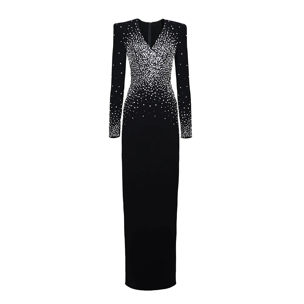 VC Black Long Sleeves Pearls Embellished Long Dress For Women V Neck Beaded Celebrity Party Evening Gowns Vestidos