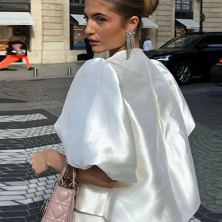 Satin Elegant Shirts Women White Lantern Short Sleeve O-neck Loose Female Blouses Spring Summer Lady Tops Chic Streetwear