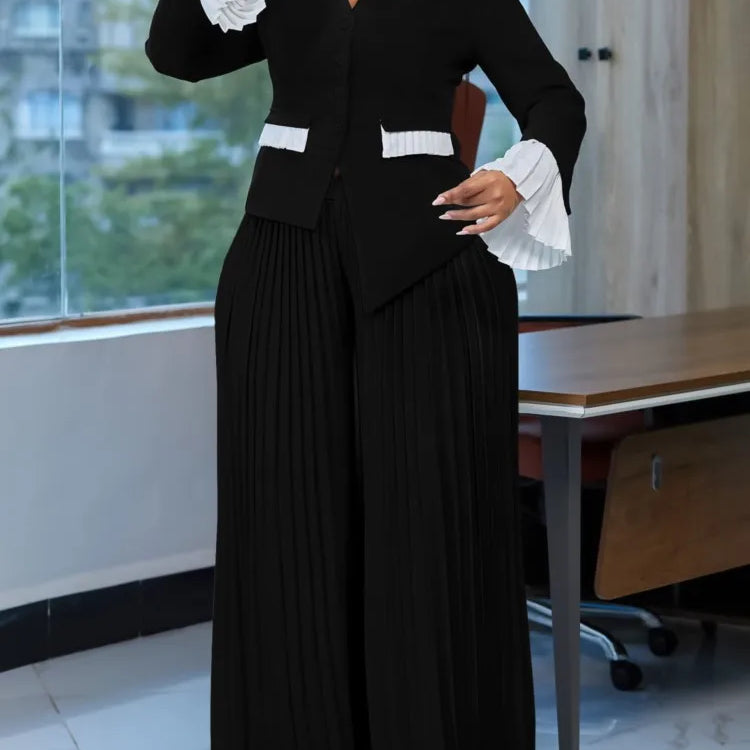 Plus Size Spring Autumn 2 Two Piece Set Women Slim Fashion Irregular Ladies Blouses Pleated Loose Wide Leg Woman Long Pant