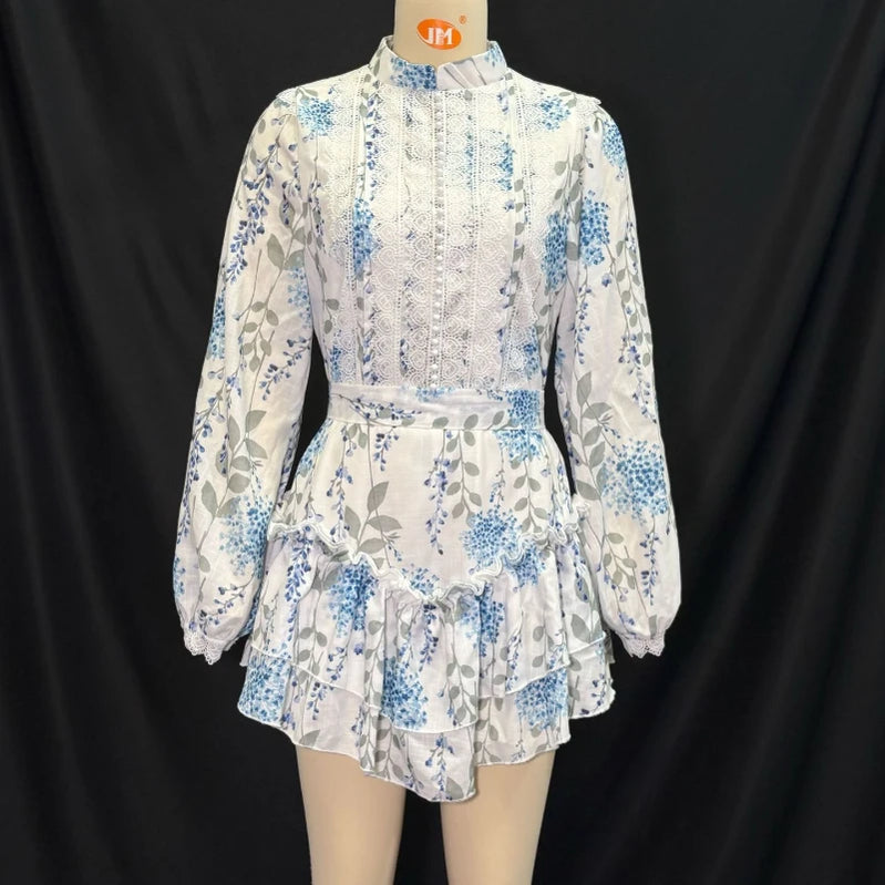 TWOTWINSTYLE Hit Color Spliced Printing Elegant Dresses for Women High Waist Long Sleeves Patchwork Ruffles Folds Dress Female