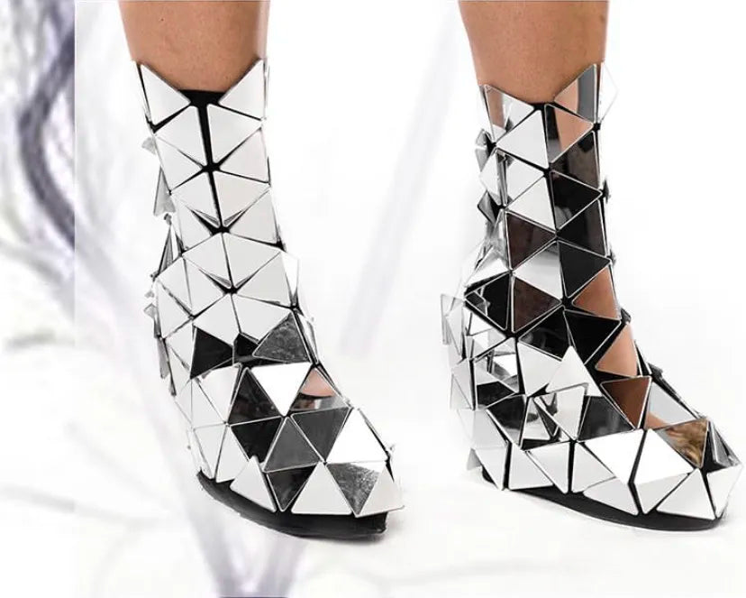 New Women Stage Show Costume Over Knee Boots Folk Dance Singer Party Show Mirror Shoes Nightclub Gogo Mirror boot cocovers Silver-Short Boots 2 One Size