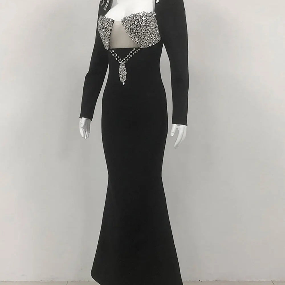 Elegant Light Luxury Nail Diamond Tail Dress Women Long Sleeve Bodycon Bandage Dress Celebrity Evening Party Long Dress Vestidos